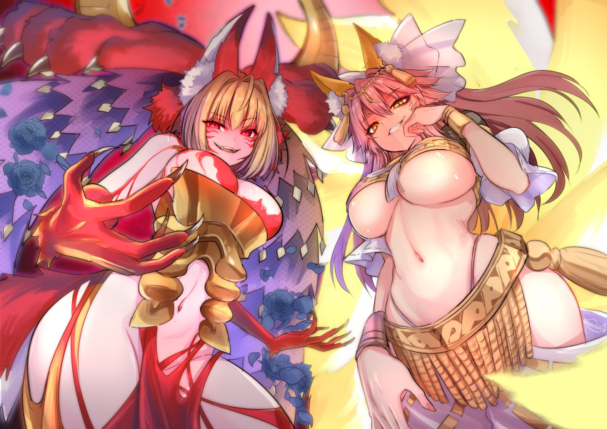 2girls amaterasu_(fate) animal_ear_fluff animal_ears animal_hands black_flower blonde_hair body_markings bracelet breasts claws commentary evil_smile facial_mark fangs fate/extra fate/grand_order fate/grand_order_arcade fate_(series) flower fox_ears fox_tail from_below fur gold_bracelet hair_intakes highres jewelry large_breasts looking_at_viewer looking_down multiple_girls multiple_tails navel nero_claudius_(fate) official_alternate_costume queen_draco_(beast_vi/s)_(fate) queen_draco_(fate) red_eyes revealing_clothes sharp_teeth smile tail tamamo_(fate) teeth underboob wisespeak wolf_ears wolf_girl yellow_eyes