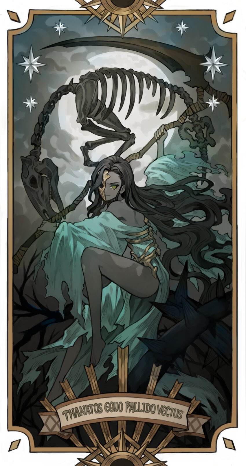 1girl absurdres aqua_dress asymmetrical_bangs backless_outfit barefoot black_hair card_(medium) closed_mouth dress full_moon green_eyes grey_skirt half_mask highres holding holding_scythe knee_up long_hair looking_at_viewer mask moon napal_(ve_xillum) original parted_hair plantar_flexion scythe sitting skeleton_horse skirt skull_mask solo spine star_(symbol) thorns torn_clothes torn_dress very_long_hair wavy_hair