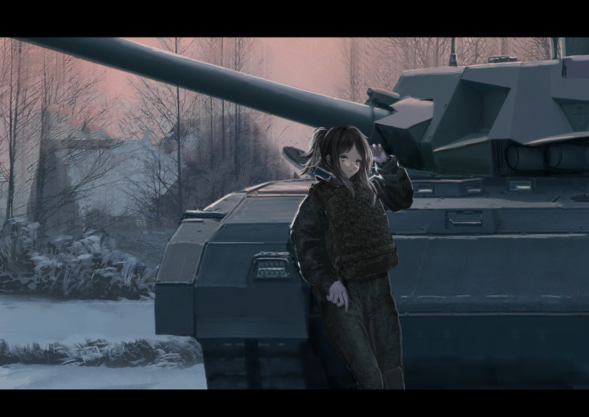 1girl absurdres brown_hair bulletproof_vest cannon commission green_eyes helmet highres leaning_against_vehicle military_combat_uniform military_uniform military_vehicle motor_vehicle no_headwear original pixiv_commission ponytail russian_commentary sidelocks snow solo t-14_armata tank tank_turret tree winter yukikaze_supersylph