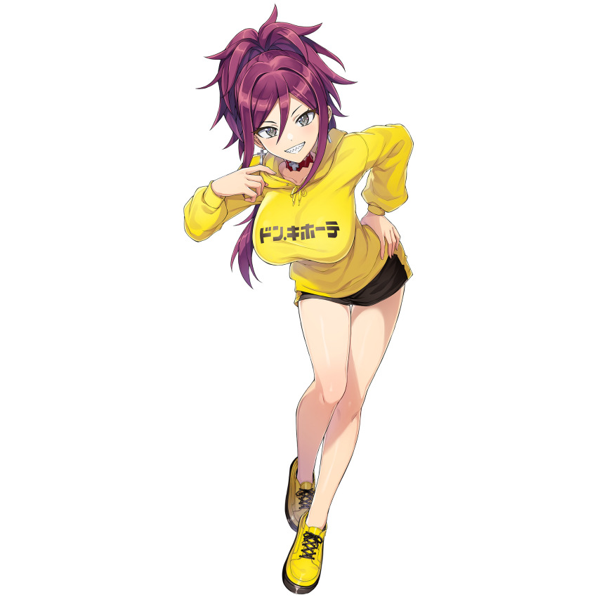 1girl black_shorts breasts cross cross_earrings dolphin_wave don_quijote_(store) earrings game_cg grey_eyes hair_between_eyes hand_on_own_hip highres hood hoodie jewelry kurenashi_yuuri large_breasts long_bangs long_hair looking_at_viewer non-web_source ootomo_takuji ponytail sharp_teeth shoes shorts sneakers solo teeth transparent_background yellow_hoodie