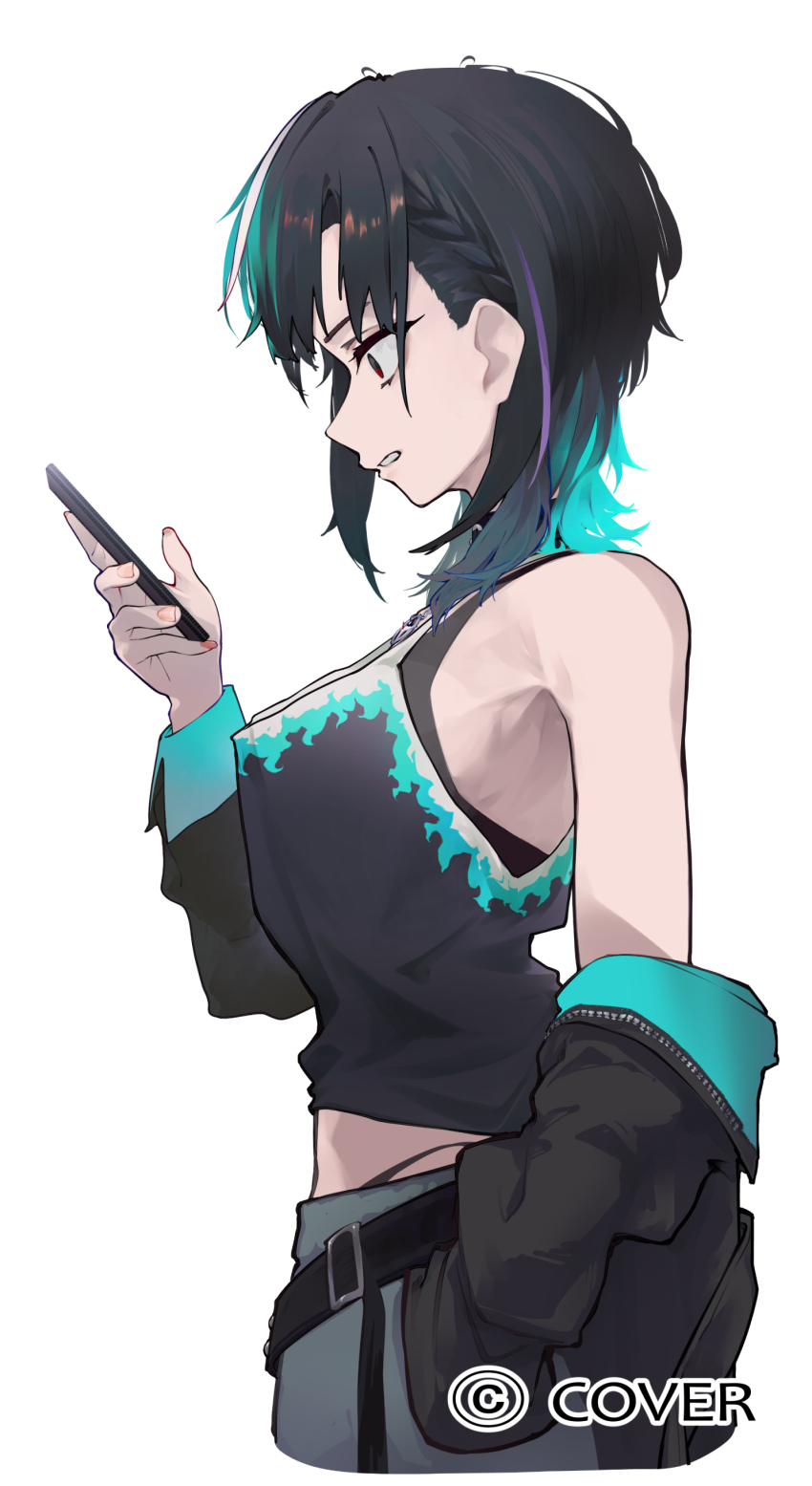 1girl absurdres alternate_costume belt black_belt black_hair black_jacket black_tank_top blue_hair blue_jacket blue_pants clenched_teeth colored_inner_hair commentary_request copyright_notice denim fingernails flame_print from_behind full_body hand_up headphones highleg highres holding holding_phone hololive hololive_dev_is jacket jacket_partially_removed jeans jewelry medium_hair midriff multicolored_hair necklace official_art pants panty_straps phone purple_hair red_eyes rindo_chihaya sauce_darusungi simple_background single_sleeve_past_fingers solo streaked_hair tank_top teeth two-sided_fabric two-sided_jacket virtual_youtuber white_background white_hair