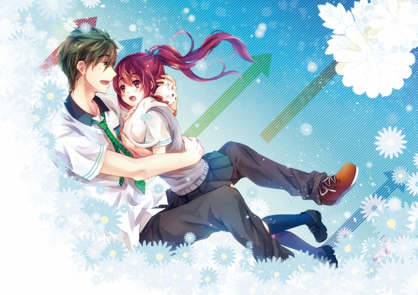 1boy 1girl :d animal black_background black_skirt blue_bow blue_flower blue_socks bow brown_pants cat couple dress_shirt floating_hair flower free! green_eyes green_hair green_neckwear grey_vest hair_between_eyes hair_bow holding holding_animal kneehighs loafers long_hair matsuoka_gou miniskirt momoko_(momoko14) open_mouth pants pleated_skirt polka_dot_neckwear ponytail red_eyes red_hair school_uniform shirt shoes short_sleeves skirt smile sneakers socks striped_background sweater_vest tachibana_makoto vest white_shirt