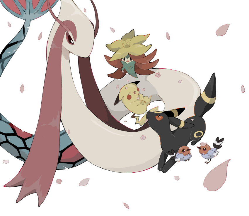 bird closed_eyes falling_petals fletchling gen_1_pokemon gen_2_pokemon gen_3_pokemon gen_6_pokemon gen_8_pokemon gossifleur highres kurosuke_(krsk_8x8x) leaning_back milotic nintendo no_humans petals pikachu pokemon pokemon_(creature) pokemon_focus red_eyes slit_pupils umbreon white_background