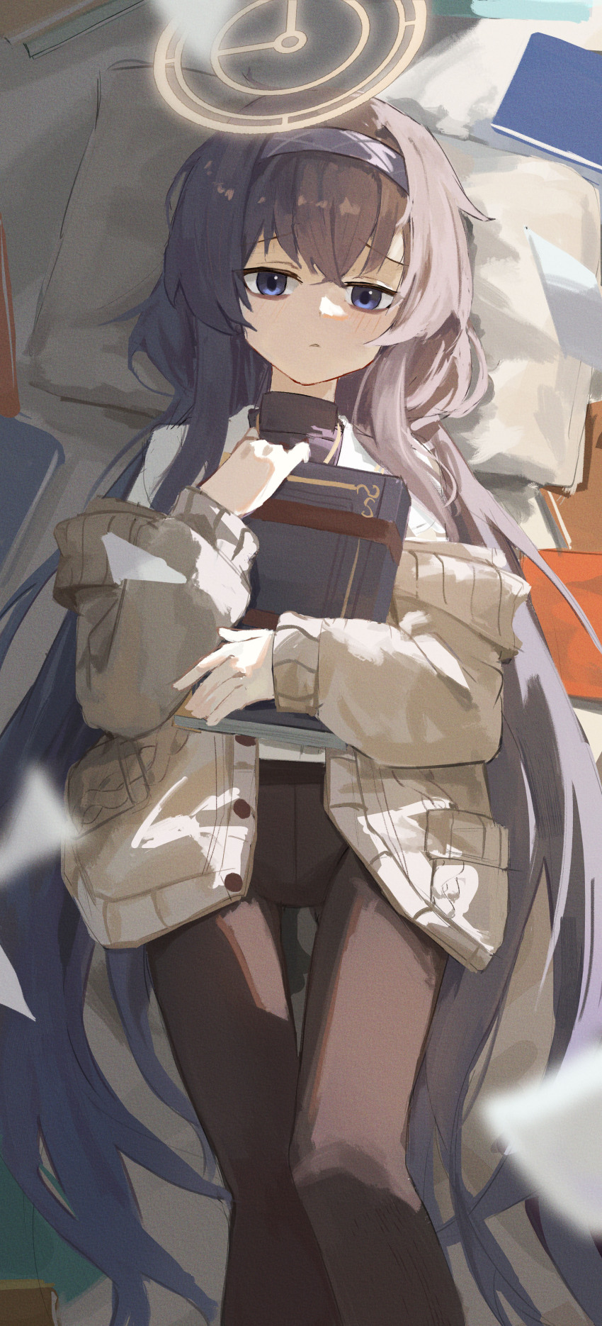 1girl absurdres black_hair black_pantyhose black_shirt blue_archive blue_eyes blush book cardigan closed_mouth haimaotuanzi hair_between_eyes hairband highres holding holding_book long_hair looking_at_viewer no_pants pantyhose purple_hairband shirt sidelocks solo ui_(blue_archive) white_shirt yellow_cardigan