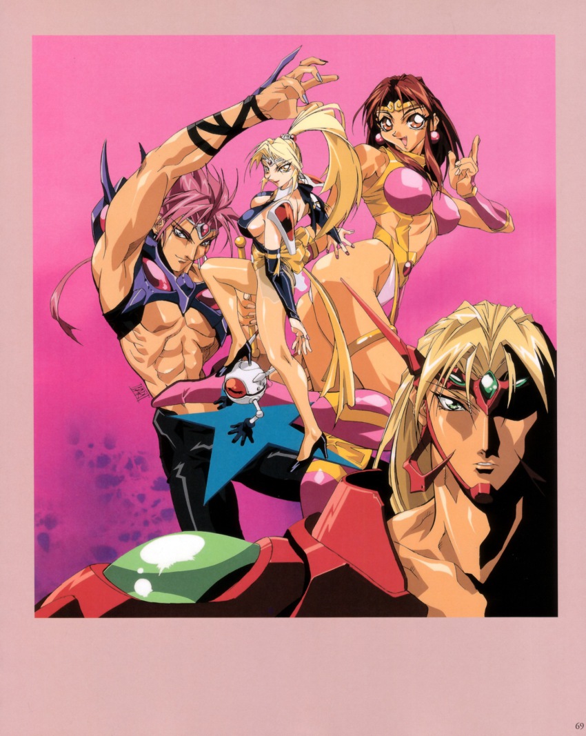 1990s_(style) 2boys 2girls abs alternate_color armor artbook ass ball_boy blonde_hair boots breasts bridal_gauntlets brown_eyes brown_hair choujin_gakuen_gowcaizer circlet cleavage curvy earrings fang fingernails gem gloves green_eyes hellstinger high_heels high_ponytail highleg highleg_leotard highres hishizaki_shaia_(gowcaizer) jewelry kaiza_isato kash_gyustan large_breasts leg_up legs leotard lips lipstick long_hair long_legs looking_at_viewer looking_back magical_girl makeup midriff multiple_boys multiple_girls muscular nail_polish no_bra official_art oobari_masami open_mouth panties pantyhose pauldrons pink_background pink_boots pink_hair pink_legwear ponytail retro_artstyle revealing_clothes robot see-through_clothes shoes shoulder_armor sideboob signature smile son_karin star_(symbol) stepped_on technos thigh_boots thighhighs thighlet thighs thong thong_leotard tiara underwear yellow_eyes