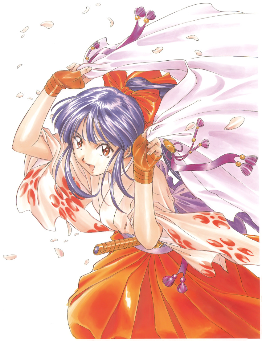 1girl absurdres back_ribbon blue_hair border bow brown_bow brown_eyes brown_gloves cherry_blossoms collar fingerless_gloves floating_clothes floating_hair floral_print floral_print_kimono floral_print_sleeves gloves hair_ribbon hakama hakama_skirt half_updo high_ponytail highres holding holding_jacket holding_unworn_clothes jacket japanese_clothes katana kimono leg_up long_sleeves looking_at_viewer matsubara_hidenori meiji_schoolgirl_uniform name_connection obi obijime object_namesake official_art open_mouth pink_collar pink_kimono pink_petals pink_sleeves ponytail print_kimono purple_ribbon red_hakama red_ribbon ribbon running sakura_taisen sash sega sheath sheathed shinguuji_sakura simple_background skirt smile socks solo sword tassel traditional_media unworn_jacket upturned_eyes weapon white_background white_border white_collar wide_sleeves