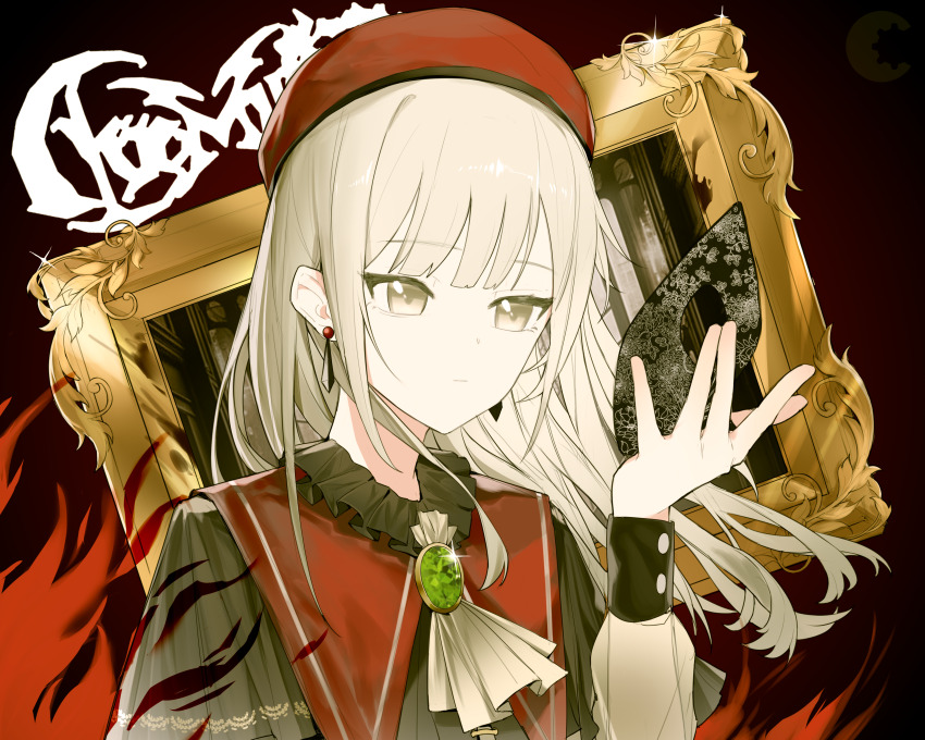 1girl absurdres anli_(jwcpp4sum0mgk5r) ascot bang_dream! bang_dream!_it&#039;s_mygo!!!!! beret black_mask chinese_commentary closed_mouth commentary_request earrings fire glint green_brooch grey_hair group_name hat highres jewelry long_hair long_sleeves mask masquerade_mask mortis_(bang_dream!) mortis_(costume)_(bang_dream!) picture_frame red_background red_hat see-through_clothes see-through_sleeves sidelocks solo unworn_mask upper_body wakaba_mutsumi white_ascot yellow_eyes