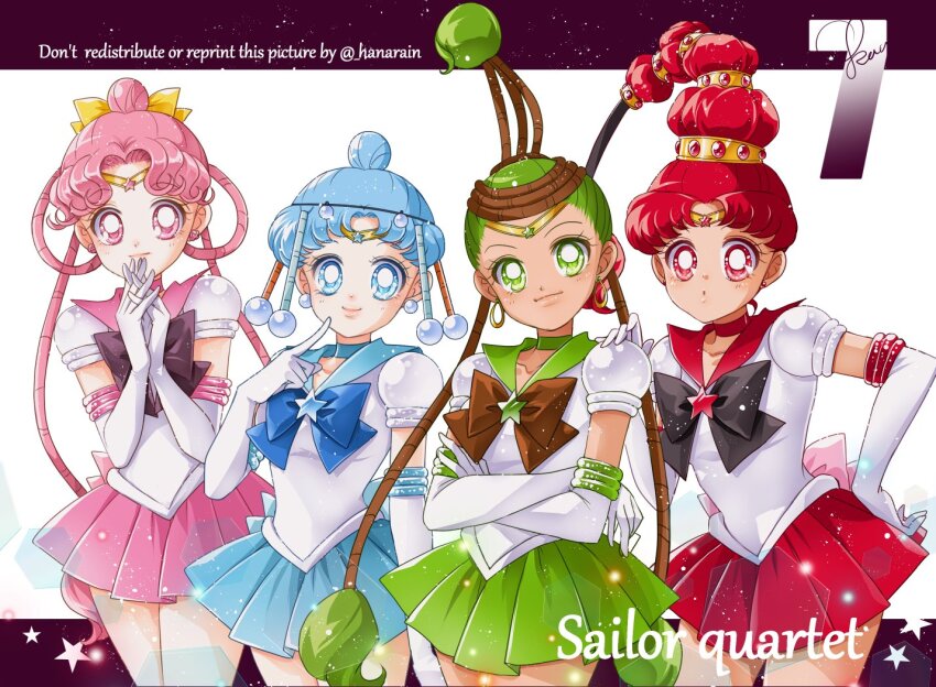 4girls :o amazoness_quartet back_bow bishoujo_senshi_sailor_moon bishoujo_senshi_sailor_moon_stars black_bow black_bowtie blue_bow blue_bowtie blue_hair blue_sailor_collar blue_skirt bow bowtie brooch brown_bow brown_bowtie cerecere_(sailor_moon) choker circlet collarbone earrings elbow_gloves forehead gem gloves green_hair green_sailor_collar green_skirt jewelry junjun_(sailor_moon) miniskirt multiple_girls pallapalla_(sailor_moon) parted_bangs pearl_(gemstone) pearl_earrings pink_bow pink_hair pink_sailor_collar pink_skirt pleated_skirt puffy_short_sleeves puffy_sleeves purple_bow purple_bowtie red_hair red_sailor_collar red_skirt sailor_ceres sailor_collar sailor_juno sailor_pallas sailor_vesta sarashina_kau shirt short_sleeves skirt smile stud_earrings vesves_(sailor_moon) white_gloves white_shirt