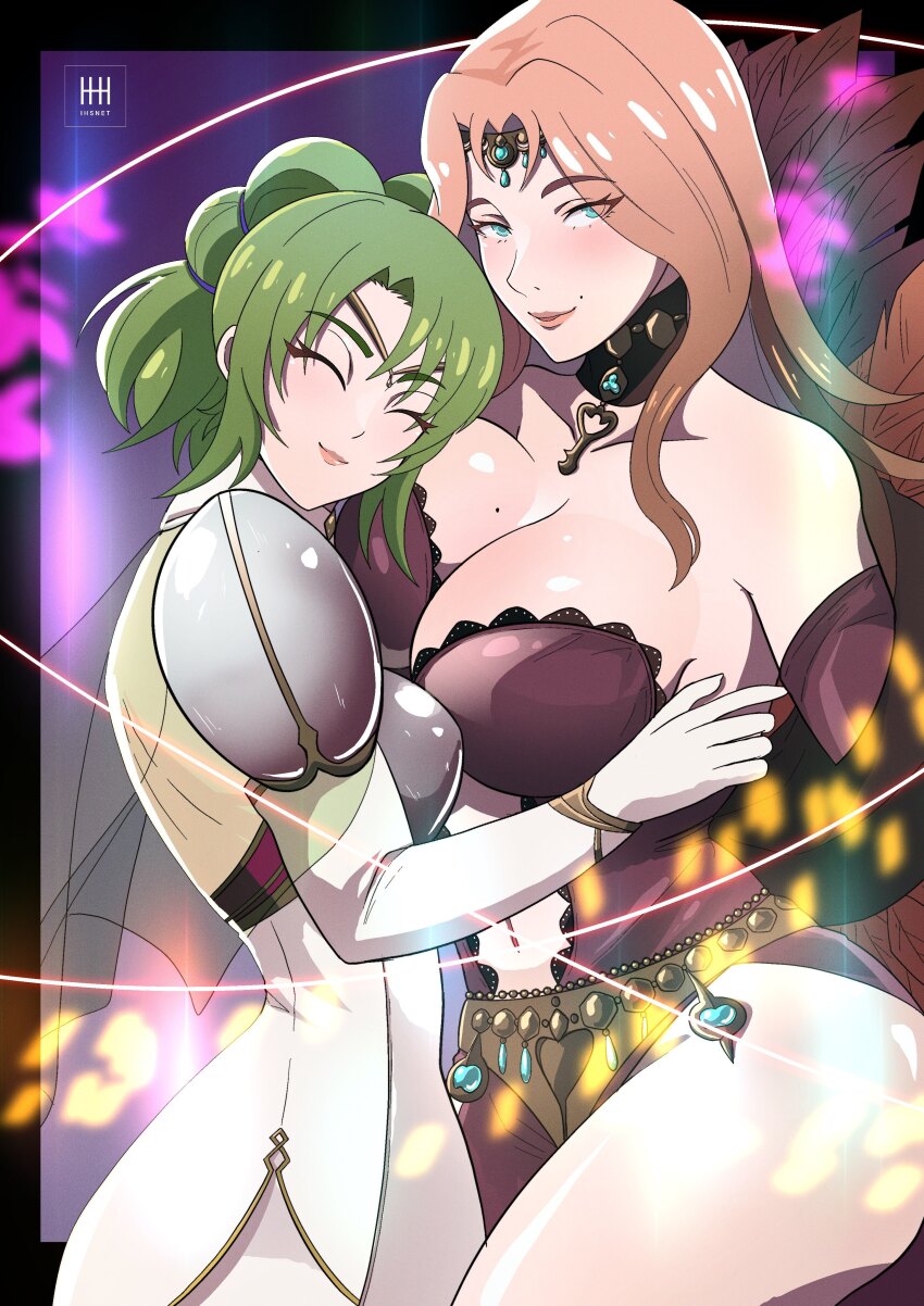 2girls absurdres armor asymmetrical_docking bare_shoulders blue_eyes blush breast_press breasts cape circlet cleavage collarbone commission cornelia_arnim detached_sleeves dress elbow_gloves feather_trim feathers fire_emblem fire_emblem:_the_sacred_stones fire_emblem:_three_houses gloves green_hair head_on_chest highres holding_to_chest ihsnet jewelry key key_necklace l&#039;arachel_(fire_emblem) large_breasts long_hair looking_at_viewer magic mature_female medium_breasts mole mole_above_mouth mole_on_breast multiple_girls navel necklace nintendo pink_hair plunging_neckline ponytail side_slit smile thighs white_gloves yuri