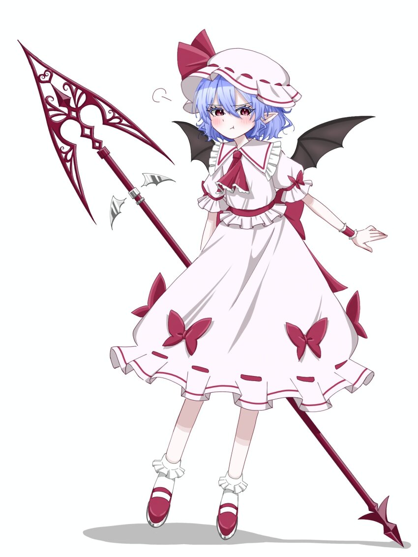 1girl :t ascot bat_wings blue_hair blush bow collared_shirt commentary_request frilled_shirt_collar frills full_body fuyuakatsuki_00 hair_between_eyes hat hat_ribbon highres holding holding_polearm holding_weapon looking_at_viewer mary_janes mob_cap pink_hat pink_shirt pink_skirt pointy_ears polearm pout puffy_short_sleeves puffy_sleeves red_ascot red_bow red_eyes red_ribbon red_shoes remilia_scarlet ribbon shirt shoes short_hair short_sleeves simple_background skirt skirt_set solo spear_the_gungnir touhou weapon white_background wings wrist_cuffs