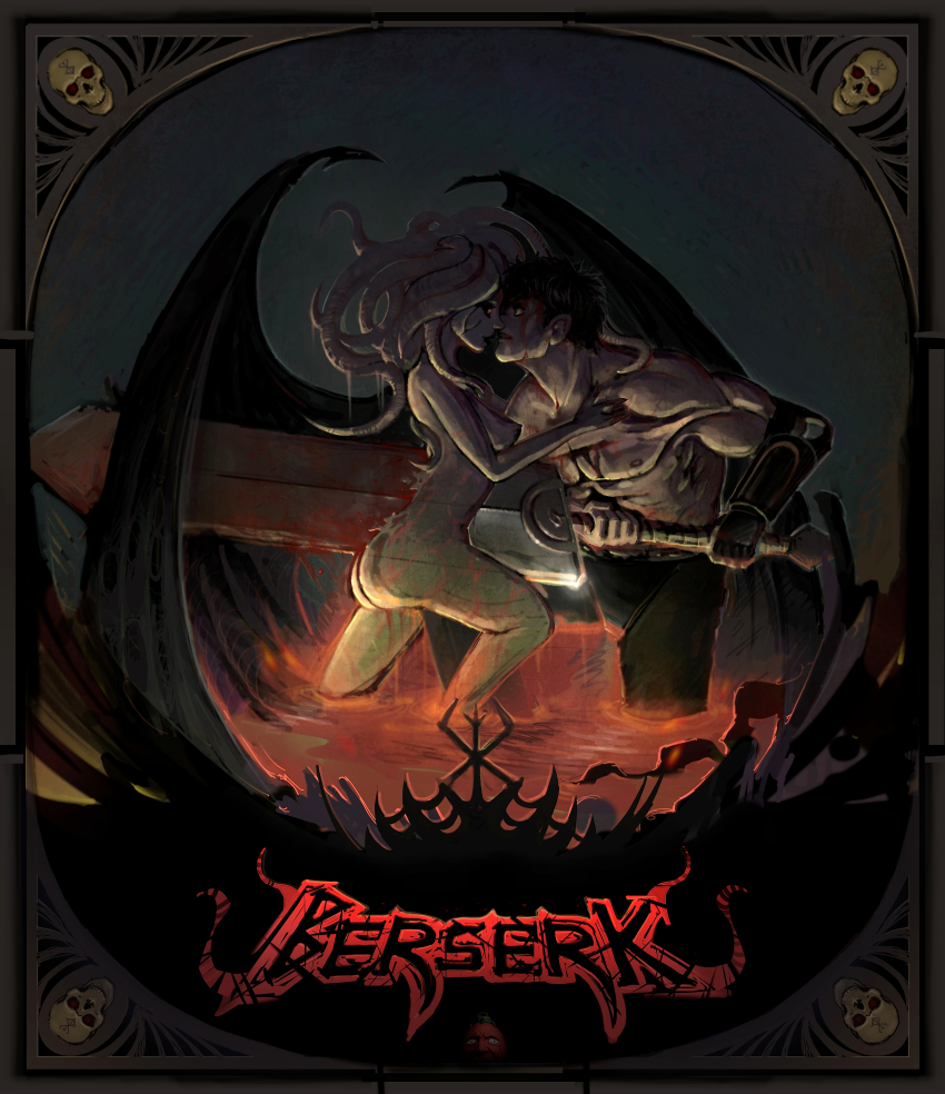 1boy 1girl absurdres ass behelit berserk biceps blood bloody_weapon border breasts completely_nude copyright_name deltoids demon_girl demon_wings detached_wings dragonslayer_(sword) guts_(berserk) hand_on_another&#039;s_chest hetero highres holding holding_sword holding_weapon huge_weapon imminent_kiss impaled light_smile long_hair medium_breasts muscular muscular_male nipples nude ornate_border pants parted_lips prosthesis prosthetic_arm rapaz89 seductive_smile short_hair skull slan_(berserk) smile snake_hair stab sword topless_male wading weapon wings