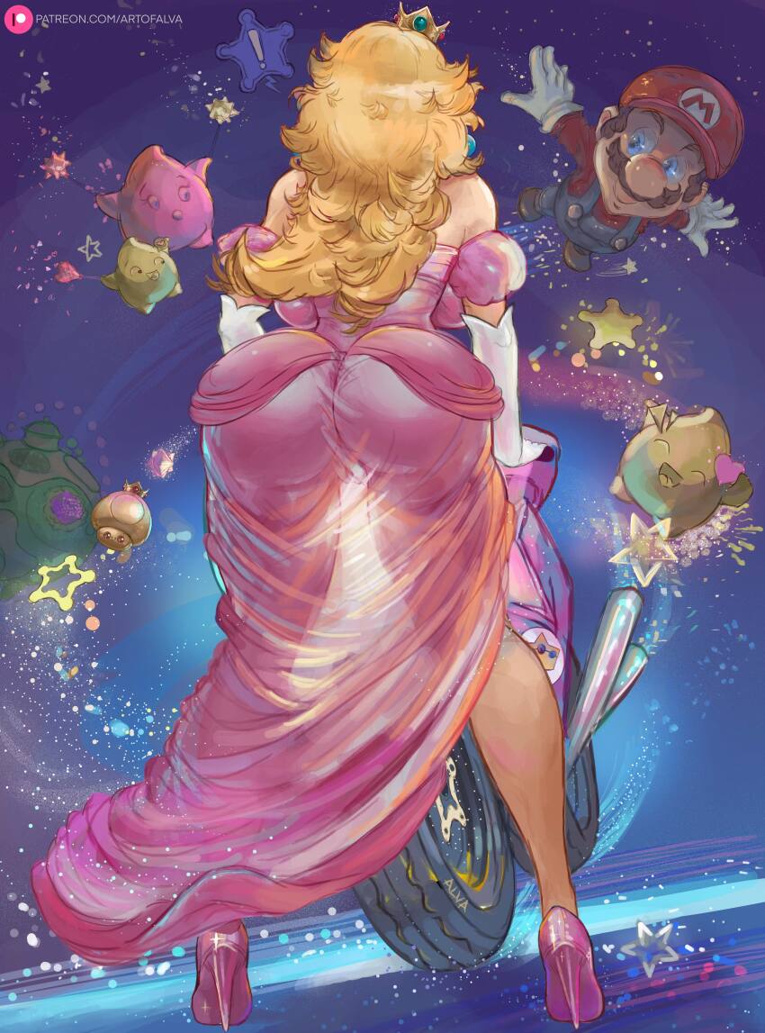 1boy 1girl absurdres alva_(artofalva) artist_name ass ass_focus backboob bare_shoulders blonde_hair breasts crown dress from_behind golden_mushroom grin high_heels highres hungry_luma_(super_mario_galaxy) large_breasts legs long_hair luma_(mario) mario mario_(series) mario_kart motor_vehicle motorcycle mushroom nintendo on_motorcycle patreon_username princess_peach pussy rainbow_road see-through_clothes see-through_dress see-through_silhouette smile space star_bit super_mario_galaxy thigh_gap thighs watermark