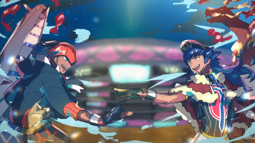 2boys aqua_eyes baseball_cap black_hair black_hoodie blue_hair cape charizard commentary_request duraludon dynamax_band earrings facial_hair gen_1_pokemon gen_8_pokemon gigantamax gigantamax_charizard gigantamax_duraludon gloves gym_leader hat hood hoodie jewelry leon_(pokemon) long_hair multiple_boys nintendo open_mouth orange_headwear pokemon pokemon_(creature) pokemon_swsh raihan_(pokemon) shirt shorts smile suruga_dbh yellow_eyes