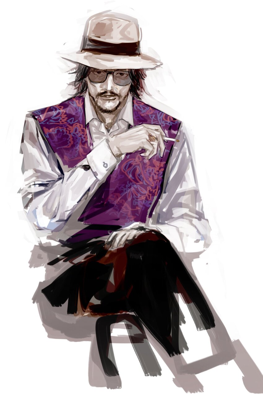 1boy absurdres beard between_fingers black_eyes black_hair black_pants cheekbones cigarette collared_shirt cropped_legs crossed_legs facial_hair fedora hand_on_lap hand_up hat highres holding holding_cigarette ikuhana_niiro kedouin_kazuki looking_at_viewer male_focus mustache pants purple_vest shirt short_hair simple_background sleeve_cuffs solo sunglasses trillion_game unfinished vest white_background white_hat white_shirt