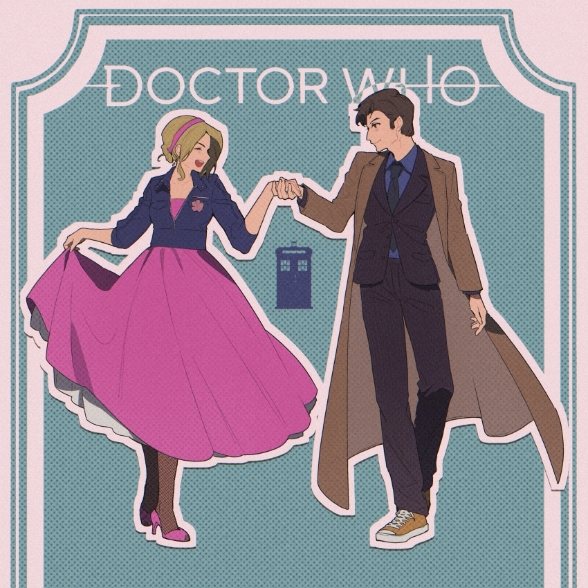 1boy 1girl ^_^ absurdres black_jacket black_necktie black_pants black_suit blonde_hair blue_jacket blue_shirt brown_coat brown_hair brown_shoes closed_eyes coat collared_shirt copyright_name doctor_who dress earrings fishnet_pantyhose fishnets formal_clothes full_body hairband high_heels highres holding_hands jacket jewelry necktie open_clothes open_coat open_mouth pants pantyhose partially_unzipped pink_dress pink_hairband pink_shoes pinstripe_jacket pinstripe_pants pinstripe_pattern pudding49500 rose_tyler shirt shirt_tucked_in shoelaces shoes short_hair skirt_hold smile sneakers standing suit suit_jacket tardis tenth_doctor_(doctor_who) the_doctor_(doctor_who) three-quarter_sleeves very_short_hair zipper