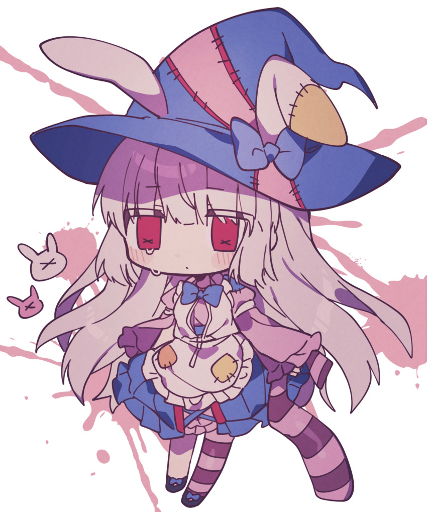 1girl animal_ears apron blue_skirt blush chibi closed_mouth hat highres holding holding_unworn_clothes irisu_kyouko irisu_shoukougun! long_hair long_sleeves minamiya_mia pink_shirt rabbit_ears red_eyes shirt sidelocks simple_background single_sock skirt socks striped_clothes striped_socks tears very_long_hair white_apron white_background white_hair witch_hat
