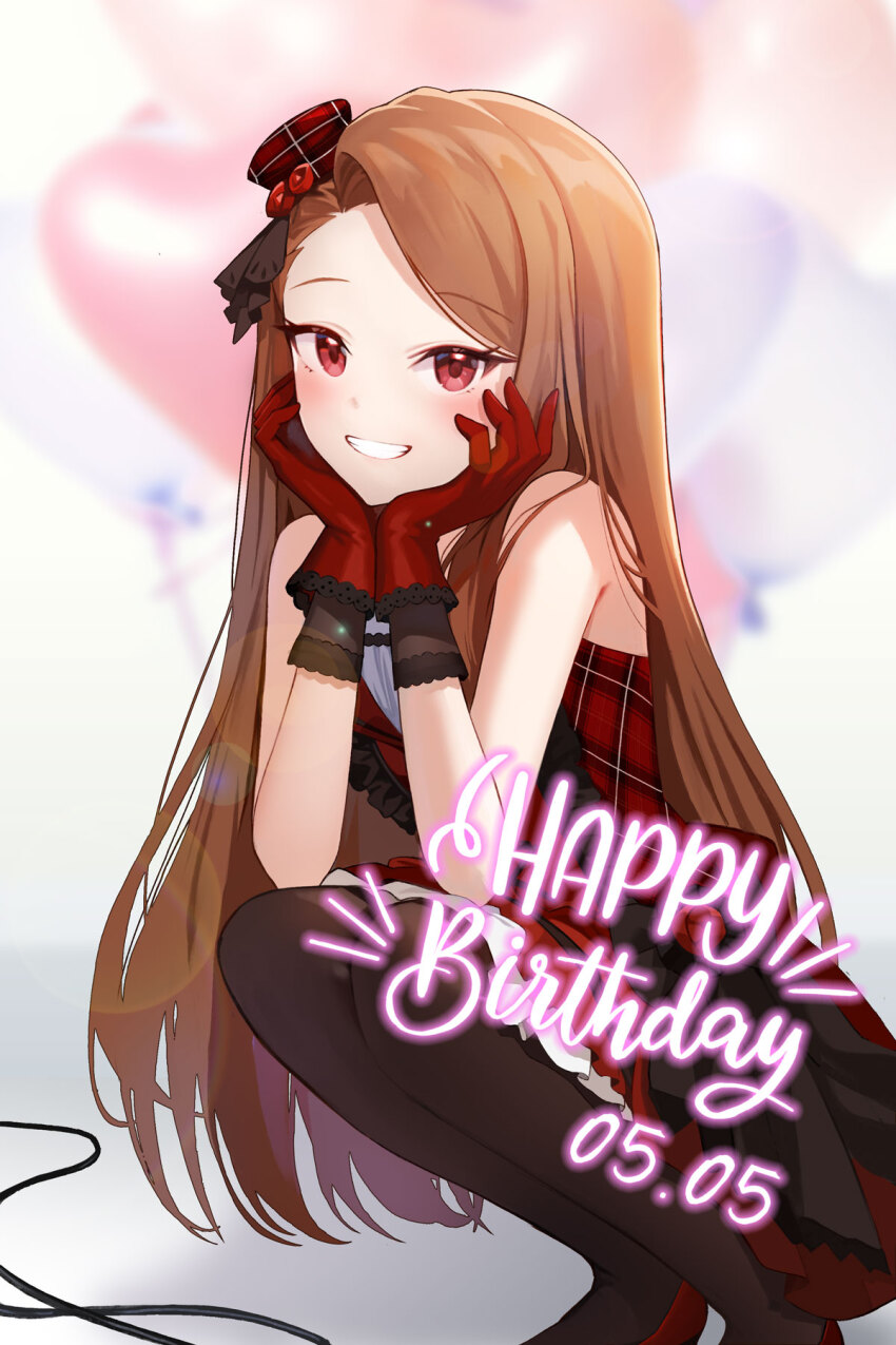 1girl asymmetrical_bangs balloon blurry blurry_background blush brown_hair brown_pantyhose daika!! dated dress forehead gloves grin hands_on_own_cheeks hands_on_own_face happy_birthday hat highres idolmaster idolmaster_million_live! long_hair looking_at_viewer minase_iori mini_hat pantyhose plaid_hat red_dress red_eyes red_gloves red_hat sleeveless sleeveless_dress smile solo squatting straight_hair very_long_hair
