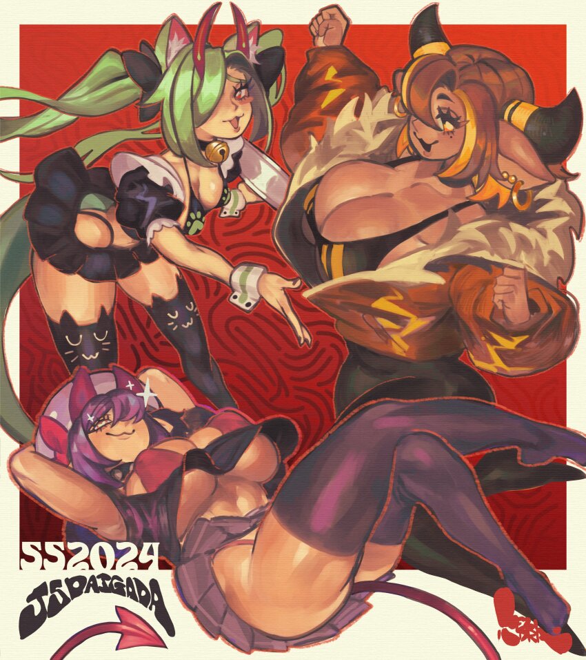 2024 3girls :3 absurdres animal_ear_piercing animal_ears arms_behind_head arms_up bell beret bikini bikini_under_clothes black_bikini black_bow black_collar black_pants black_skirt black_sports_bra black_thighhighs blonde_hair blush_stickers borrowed_character bow breasts brown_hair cat_ears cleavage clenched_hands collar crop_top crossed_legs dark-skinned_female dark_skin demon_girl demon_horns demon_tail dew_(daigada) draph_(daigada) ear_piercing earrings eyelashes full_body fur-trimmed_jacket fur_trim furrowed_brow gold_earrings gold_jacket green_hair hair_bow hand_up hands_up hat heart heart-shaped_pupils highres holding holding_tray hoop_earrings horns jacket jewelry jingle_bell keziedra large_breasts long_hair looking_at_viewer lying maid miniskirt mole mole_on_cheek mole_under_eye multicolored_hair multiple_girls multiple_piercings neck_bell on_back open_clothes open_jacket open_shirt orange_outline original outline pants panty_straps piercing pink_bikini pink_eyes puffy_short_sleeves puffy_sleeves purple_shirt purple_skirt purple_thighhighs red_background red_eyes red_horns selene_(daigada) shirt short_hair short_sleeves skirt smile sparkle sports_bra streaked_hair swimsuit symbol-shaped_pupils tail thighhighs tray twintails two-tone_hair wrist_cuffs yellow_eyes yellow_jacket yoga_pants