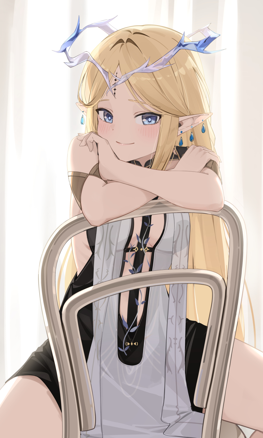 1girl absurdres bare_shoulders black_dress blonde_hair blue_eyes breasts cartethyia_(wuthering_waves) closed_mouth commentary crown_of_thorns dress earrings highres jewelry light_blush long_hair looking_at_viewer medium_breasts opm7760 parted_bangs pointy_ears sidelocks sitting sitting_backwards smile solo spread_legs tabard tacet_mark_(wuthering_waves) thighs very_long_hair white_tabard wuthering_waves