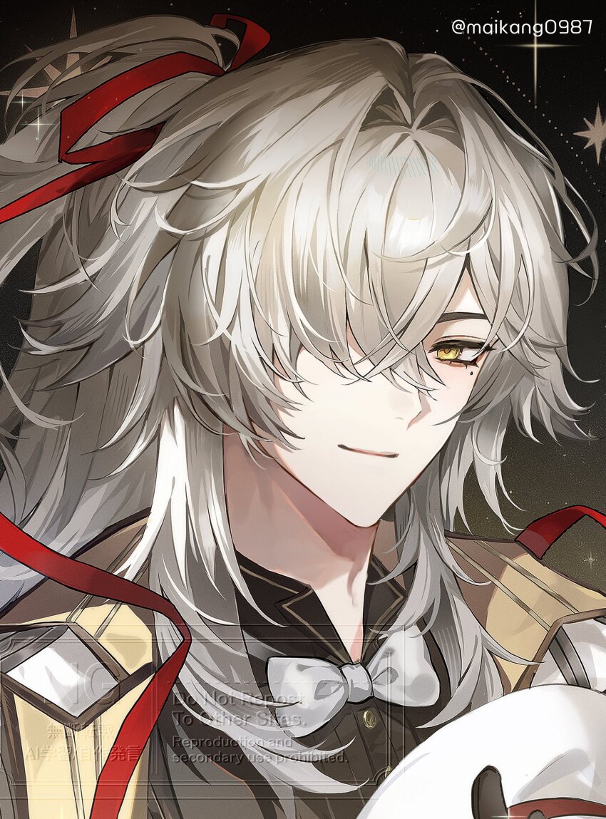 1boy absurdres black_background black_shirt bow bowtie brown_jacket closed_mouth grey_bow grey_bowtie grey_hair hair_over_one_eye hair_ribbon hashtag-only_commentary highres honkai:_star_rail honkai_(series) jacket jing_yuan long_hair looking_at_viewer maikang0987 male_focus portrait red_ribbon ribbon shirt smile solo twitter_username watermark yellow_eyes