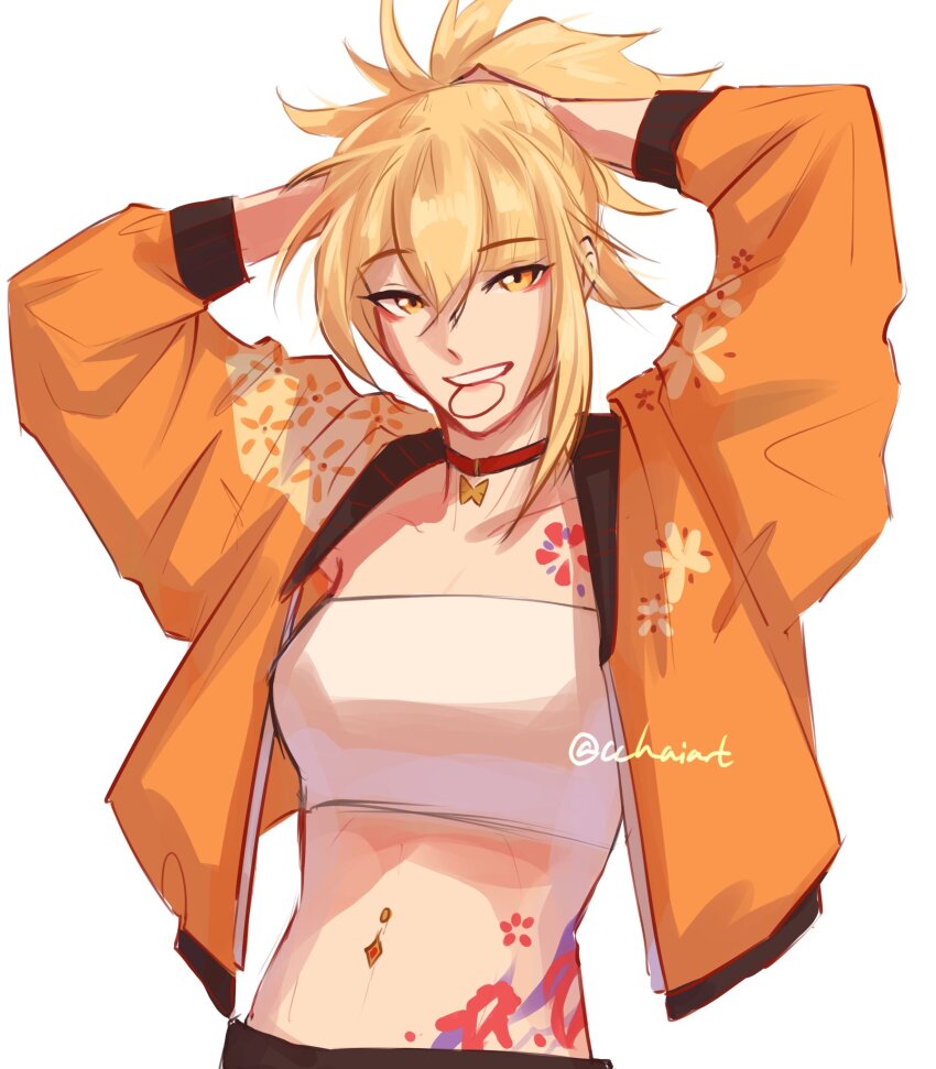 1girl alternate_costume blonde_hair cchaiart chest_tattoo choker commentary english_commentary genshin_impact grin highres jacket looking_at_viewer midriff midriff_tattoo mouth_hold open_clothes open_jacket orange_jacket red_choker short_hair simple_background smile solo stomach strapless tattoo teeth_hold tube_top upper_body white_background white_tube_top yellow_eyes yoimiya_(genshin_impact)