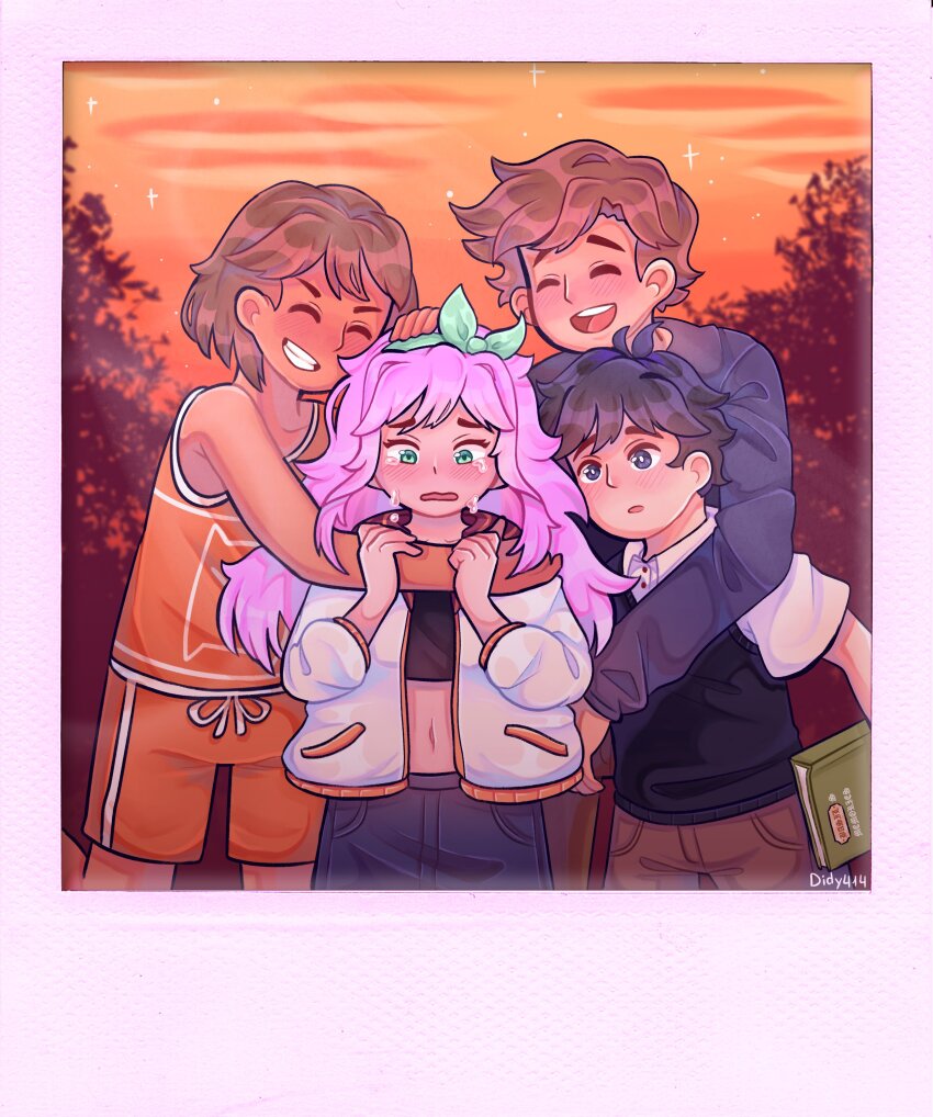 1girl 3boys absurdres antenna_hair aubrey_(faraway)_(omori) aubrey_(omori) black_hair bow_hairband bright_pupils brothers closed_eyes commentary didy414 english_commentary grin hair_behind_ear hairband hero_(faraway)_(omori) hero_(omori) highres jacket kel_(faraway)_(omori) kel_(omori) long_hair looking_at_another multiple_boys omori open_mouth pink_hair scene_reference shirt short_hair siblings skirt smile sunny_(omori) white_jacket white_pupils