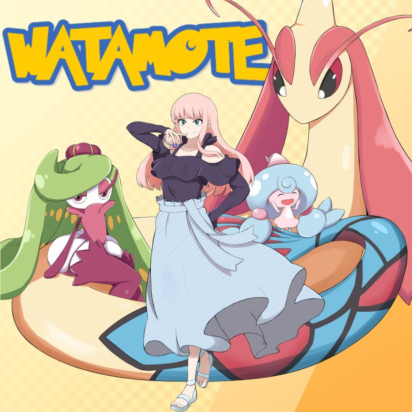 1girl :d black_shirt closed_eyes commentary_request copyright_name creature crossover diagonal-striped_clothes diagonal-striped_ribbon diagonal-striped_skirt full_body gen_3_pokemon gen_7_pokemon gen_8_pokemon green_eyes hand_on_own_hip hand_up hattrem heal_ball highres holding holding_poke_ball katou_asuka leg_up logo_parody long_hair long_skirt looking_at_viewer milotic mochamillll nintendo open_mouth pink_hair poke_ball pokemon pokemon_(creature) ribbon sandals shirt sitting sitting_on_animal skirt smile standing standing_on_one_leg striped_clothes tsareena watashi_ga_motenai_no_wa_dou_kangaetemo_omaera_ga_warui! |d