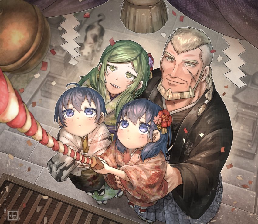 2boys 2girls blonde_hair blue_eyes blue_hair brother_and_sister female_byleth_(fire_emblem) male_byleth_(fire_emblem) family father_and_daughter father_and_son fire_emblem fire_emblem:_three_houses green_hair highres husband_and_wife japanese_clothes jeralt_reus_eisner kimono korokoro_daigorou looking_at_viewer mother_and_daughter mother_and_son multiple_boys multiple_girls nintendo open_mouth siblings sitri_(fire_emblem) smile twins