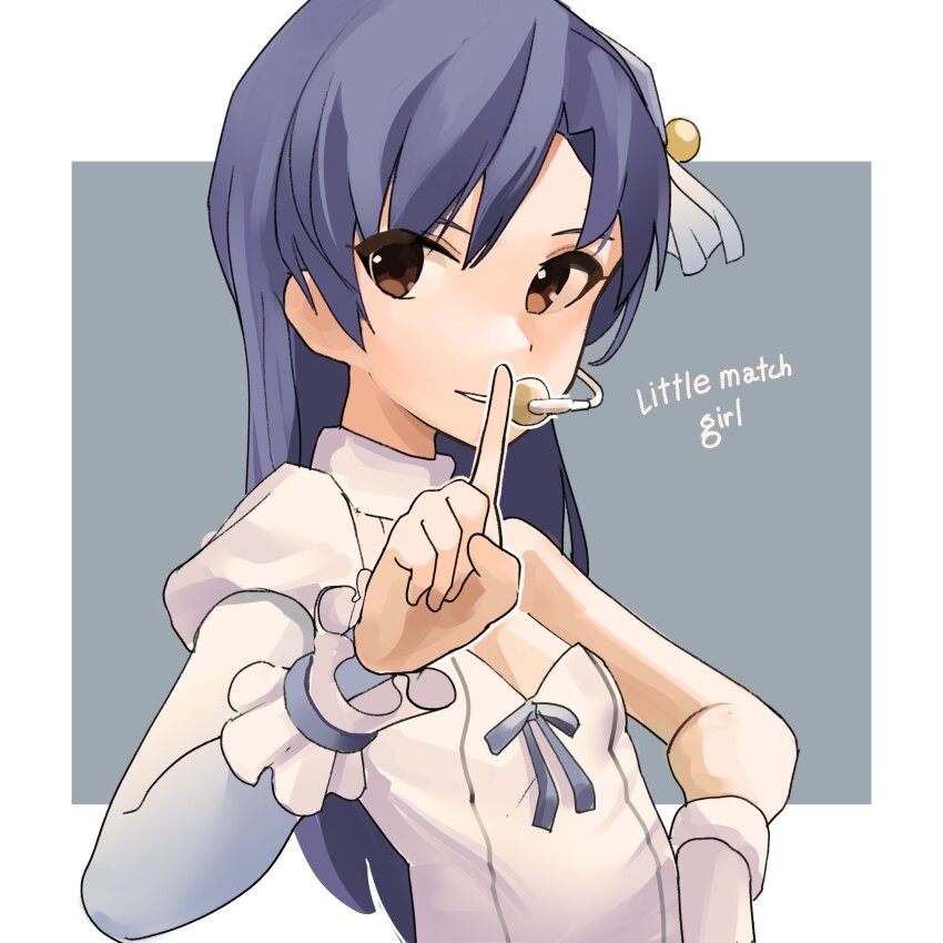 1girl absurdres arm_warmers blue_hair border brown_eyes ch2haya_p dress flat_chest frilled_wristband fur_choker gloves grey_background hair_ornament headset highres idol idolmaster idolmaster_(classic) kisaragi_chihaya long_hair parted_lips pointing pointing_up single_arm_warmer single_glove single_sleeve snowflake_liliput_(idolmaster) solo upper_body white_border white_dress white_gloves
