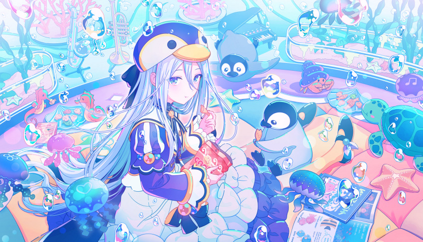 1girl alto_saxophone animal_print aqua_theme bag bird black_bow black_shoes book bow bubble colorful_palette cookie dress eating fish fish_print food frilled_dress frills grand_piano hair_between_eyes hair_spread_out hat hermit_crab highres holding holding_cookie holding_food instrument jellyfish juliet_sleeves long_sleeves looking_at_viewer mary_janes miniature narase_beauitful_sound!_(project_sekai) neck_ribbon official_alternate_costume official_art open_book paper_bag penguin penguin_hat piano plate project_sekai puffy_sleeves ribbon sea_turtle seahorse seaweed shoes sitting solo starfish thighhighs third-party_source trumpet turtle underwater wide_sleeves yellow_thighhighs yoisaki_kanade