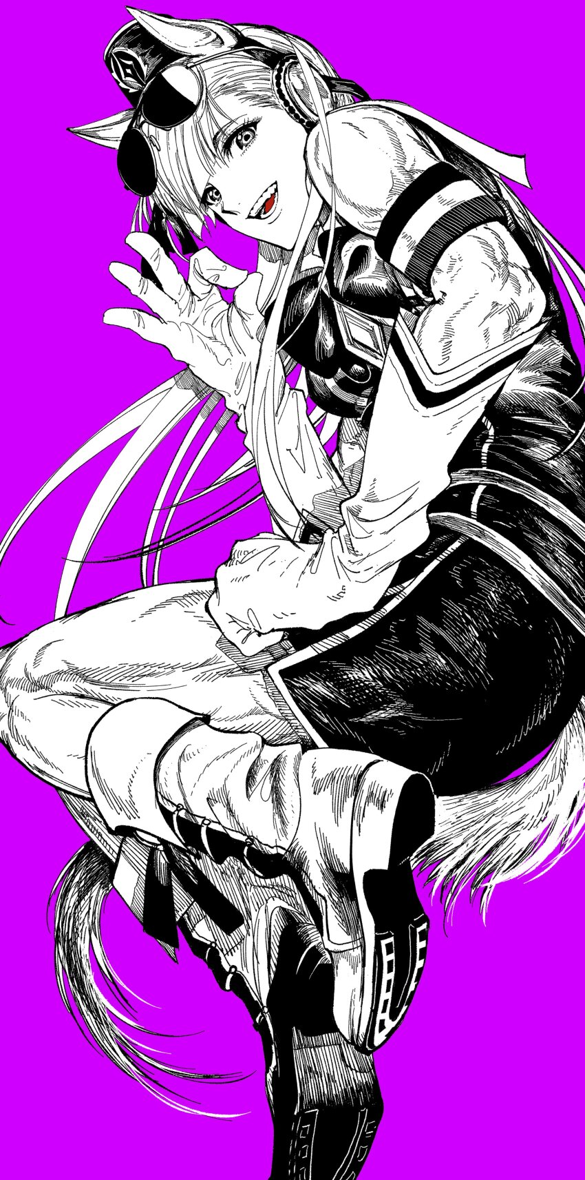 1girl absurdres animal_ears armband boots bow breasts dress ear_bow ear_covers eyewear_on_head full_body gold_ship_(umamusume) greyscale_with_colored_background grin highres horse_ears horse_girl knee_boots korean_commentary long_hair my_nameisyoon ok_sign pantyhose pillbox_hat pink_background short_dress sleeveless sleeveless_dress smile solo thighs toned toned_female umamusume very_long_hair white_pantyhose