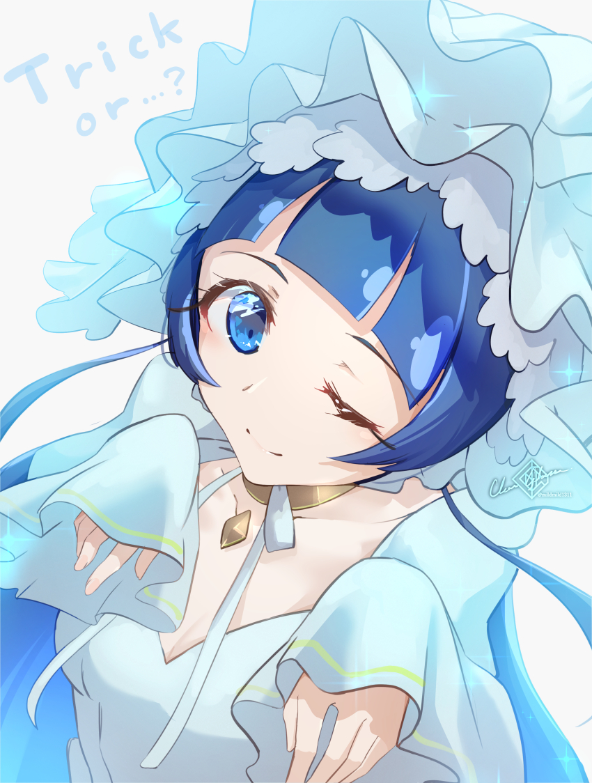 1girl absurdres aokaze_nana blue_dress blue_hair blush bridal_veil choker clear_glass_(mildmild1311) dress ghost_costume halloween_costume highres kimi_to_idol_precure long_hair looking_at_viewer one_eye_closed precure smile upper_body veil yellow_choker
