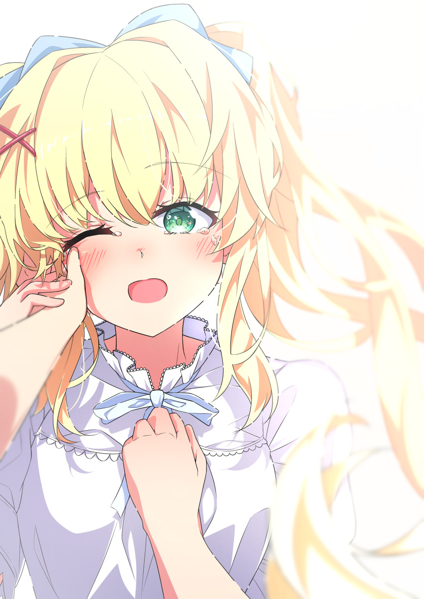 1girl 1other ;d absurdres blonde_hair bloom blue_bow blue_ribbon blurry blush bow clenched_hand commentary crying crying_with_eyes_open depth_of_field floating_hair green_eyes green_pupils hair_between_eyes hair_bow hair_intakes hair_ornament hand_on_another&#039;s_arm hand_on_another&#039;s_cheek hand_on_another&#039;s_face hand_up happy happy_tears highres kyamiuu long_hair neck_ribbon official_alternate_costume one_eye_closed open_mouth pov pov_hands puffy_short_sleeves puffy_sleeves ribbon shirt short_sleeves sidelocks simple_background smile solo_focus summer_pockets tears tsumugi_wenders twintails upper_body white_background white_shirt x_hair_ornament