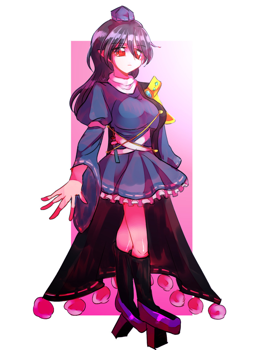 1girl armor black_hair blue_dress breasts closed_mouth commentary_request dress expressionless full_body geta hair_between_eyes hat highres iizunamaru_megumu large_breasts long_hair pauldrons pom_pom_(clothes) red_eyes shippuu_jinnari shoulder_armor single_pauldron skirt solo standing tengu-geta tokin_hat touhou