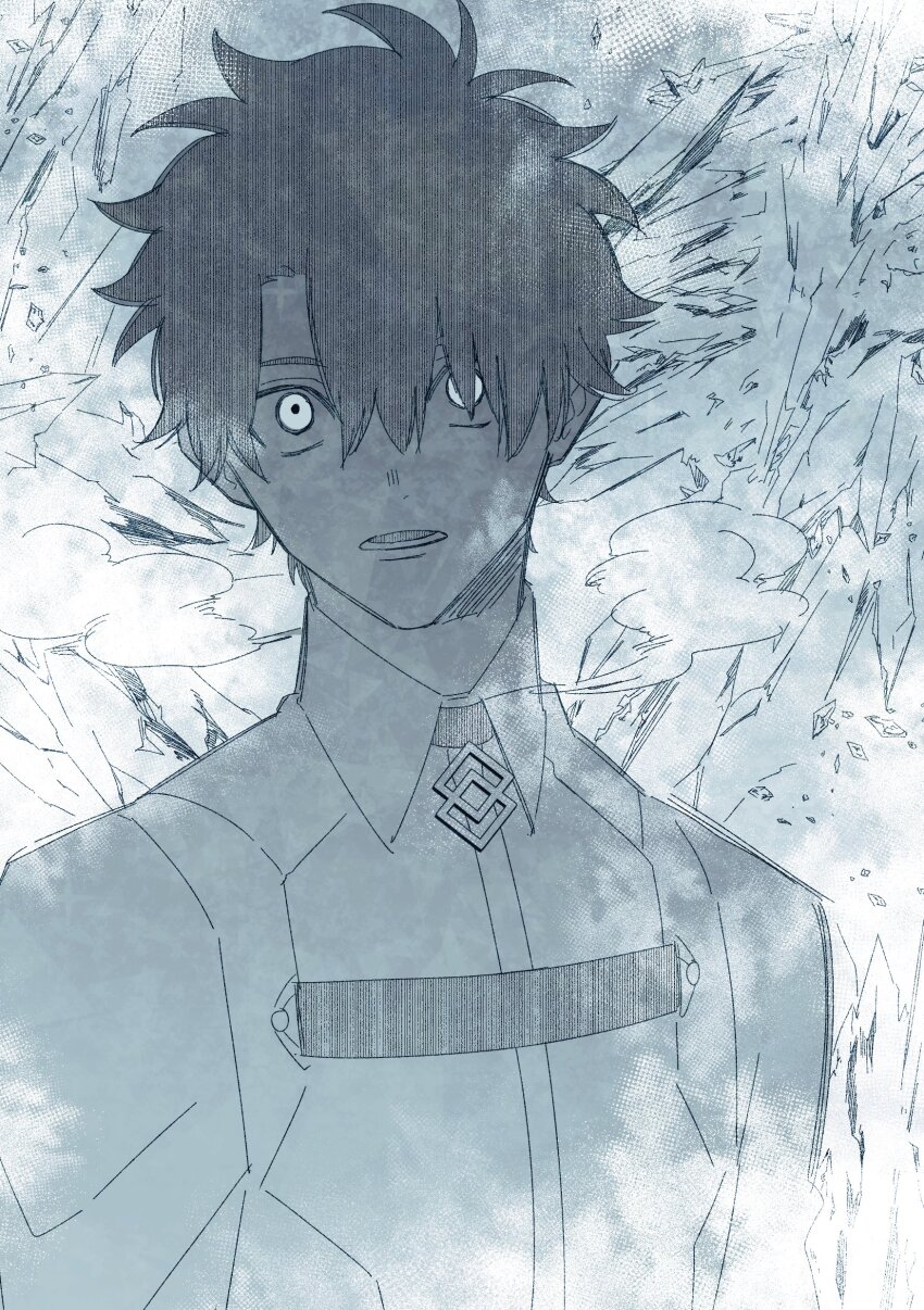 1boy absurdres chaldea_logo chaldea_uniform cold collared_shirt fate/grand_order fate_(series) frost fujimaru_ritsuka_(male) hair_between_eyes highres ice limited_palette looking_at_viewer lower_teeth_only male_focus open_mouth shirt solo teeth upper_body urup_zzz wide-eyed