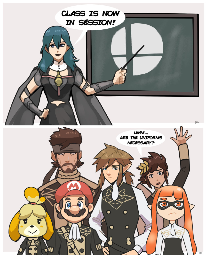 3girls 4boys animal_crossing animal_ears bandana beard belt blonde_hair blue_eyes bored bracelet brown_hair female_byleth_(fire_emblem) chalkboard crossover disgust english_text facial_hair fire_emblem fire_emblem:_three_houses francisco_mon garreg_mach_monastery_uniform green_hair handkerchief hat highres inkling inkling_girl inkling_player_character isabelle_(animal_crossing) jewelry kid_icarus kid_icarus_uprising link long_hair looking_at_viewer mario mario_(series) metal_gear_(series) metal_gear_solid multiple_boys multiple_girls mustache nintendo orange_eyes orange_hair pit_(kid_icarus) pointy_ears short_hair similar_clothes solid_snake speech_bubble splatoon_(series) splatoon_1 super_mario_bros._1 super_smash_bros. the_legend_of_zelda the_legend_of_zelda:_breath_of_the_wild third-party_edit