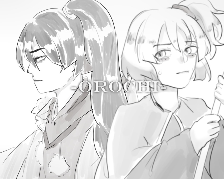 2others adagumo_no_saragimaru adagumo_no_yaorochi androgynous annoyed bags_under_eyes blunt_bangs capelet chinese_commentary closed_mouth commentary_request crying crying_with_eyes_open eyelashes frilled_cape furrowed_brow gougongzhineng greyscale hair_ornament hair_tie high_side_ponytail highres holding holding_polearm holding_weapon jinbaori len&#039;en lips long_hair long_sleeves monochrome multiple_others nervous other_focus polearm pom_pom_(clothes) ponytail romaji_text scarf shirt short_hair short_ponytail siblings simple_background snake_hair_ornament standing tears upper_body very_long_hair weapon white_background wide_sleeves