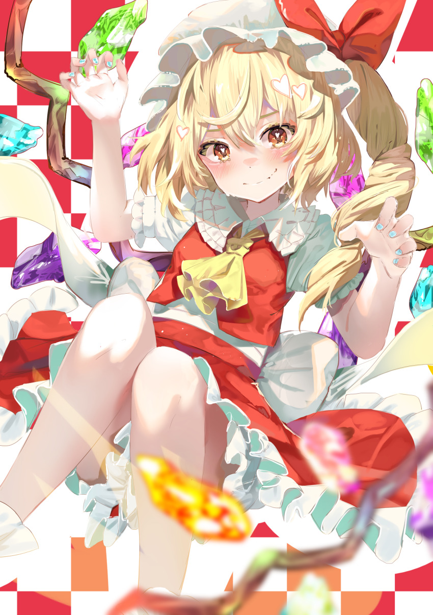 1girl absurdres ascot bare_legs blonde_hair blue_nails blush breasts claw_pose crystal flandre_scarlet frilled_skirt frills hair_between_eyes hands_up happy heart heart-shaped_pupils highres knees_together_feet_apart knees_up long_sidelocks looking_at_viewer medium_hair miniskirt nail_polish orange_eyes red_skirt red_vest shirt short_sleeves side_ponytail sidelocks skirt small_breasts smile solo symbol-shaped_pupils touhou vest white_shirt wings yellow_ascot yuunamida_uyu