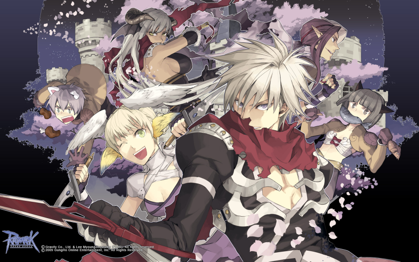 3boys 3girls animal_ears armor assassin_(ragnarok_online) assassin_cross_(ragnarok_online) bandages black_gloves black_leotard black_shirt black_wings blunt_bangs bob_cut bow bow_bra bra breasts brown_gloves brown_hair brown_jacket castle cat_ears cat_girl cherry_blossoms cleavage closed_mouth copyright_notice dagger dark-skinned_female dark_skin demon_girl demon_horns demon_wings dog_boy dog_ears elbow_gloves falling fingerless_gloves fish_in_mouth food fox_mask gloves green_eyes grey_eyes grey_hair grin guest_art head_wings highres holding holding_dagger holding_knife holding_weapon horns jacket jamadhar knife large_breasts leotard logo long_hair long_sleeves looking_at_viewer mask mask_on_head meat medium_breasts multiple_boys multiple_girls official_art official_wallpaper one_eye_closed open_mouth pauldrons pointy_ears purple_shirt ragnarok_online red_bow red_scarf scarf shirt short_hair shoulder_armor shrug_(clothing) sideboob sleeveless sleeveless_shirt small_breasts smile thief_(ragnarok_online) torn_clothes torn_scarf underwear upper_body vambraces weapon white_bra wings yuikawa_kazuno