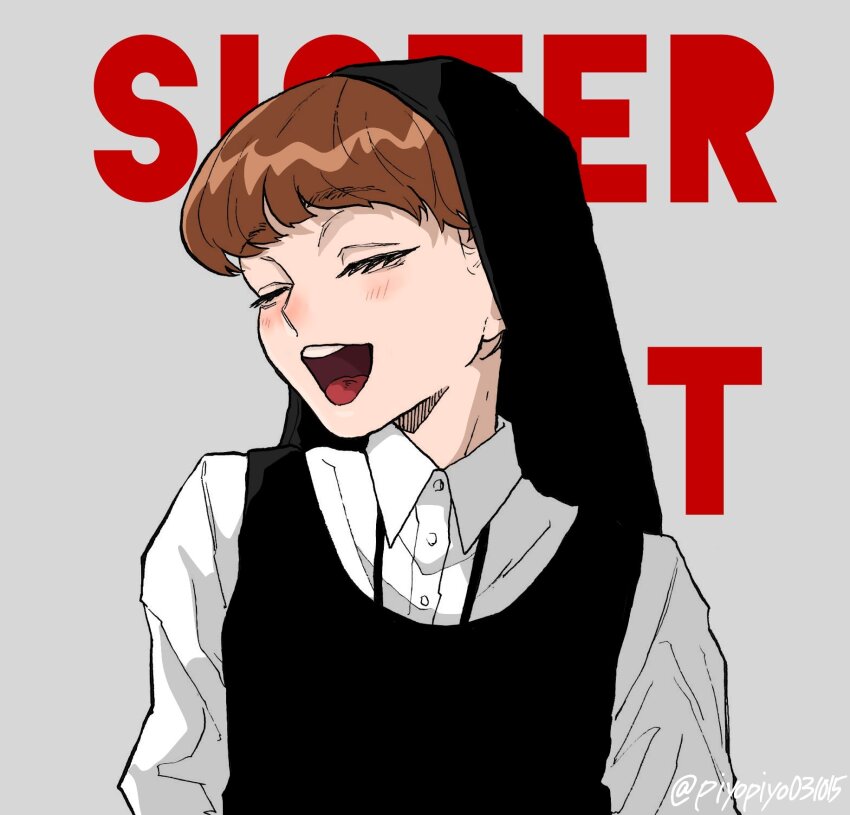 1girl blush brown_hair closed_eyes collared_shirt commentary_request copyright_name highres music nun open_mouth piyopiyo031015 shirt simple_background singing sister_act sister_mary_robert solo teeth twitter_username upper_body upper_teeth_only