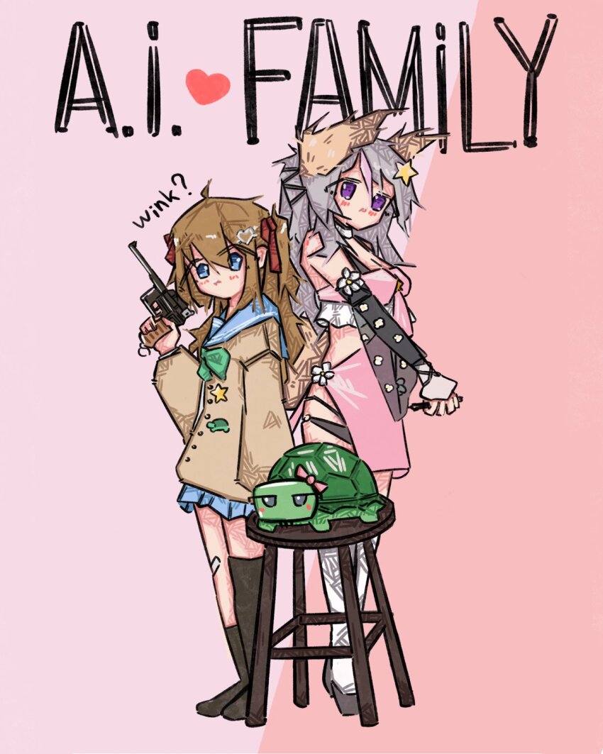 2girls animal_ear_fluff animal_ears annytf asymmetrical_legwear bandaid bandaid_on_knee bandaid_on_leg black_panties black_socks blue_eyes blue_skirt bow brown_hair cardigan commentary detached_sleeves dress english_commentary english_text fox_ears fox_girl fox_tail green_bow grey_eyes gun hair_bow hair_ornament handgun heart heart_hair_ornament highres holding holding_gun holding_weapon indie_virtual_youtuber long_hair long_sleeves mauser_c96 multiple_girls muvjrtukk neuro-sama panties pink_background pink_dress purple_eyes school_uniform serafuku skirt socks spy_x_family star_(symbol) star_hair_ornament stool tail turtle two_side_up underwear vedal987 virtual_youtuber weapon white_hair yellow_cardigan