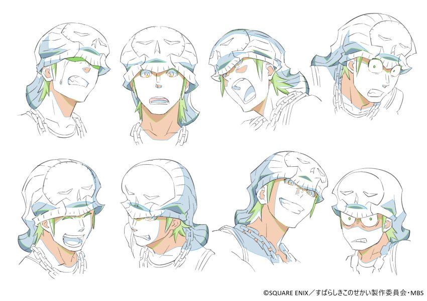 1boy angry beanie bito_daisukenojo multiple_expressions facial_expressions happy hat highres jewelry male_focus multiple_views necklace official_art single_tear skull subarashiki_kono_sekai tears