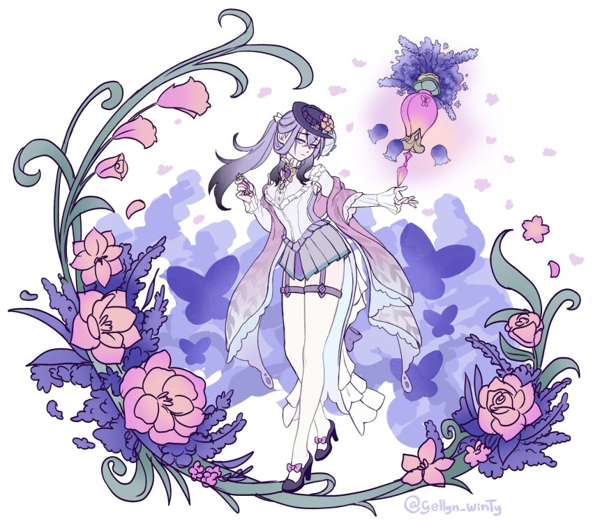 1girl artist_name black_footwear black_hair black_hat bottle bow breasts bug butterfly butterfly_brooch center_frills closed_mouth contrapposto derivative_work emilie_(genshin_impact) emilie_(old_design)_(genshin_impact) flat_color flower flower_request footwear_bow frills frown full_body garter_straps gellyn_winty genshin_impact gradient_hair hat hat_flower high_heels highres holding insect long_hair long_sleeves looking_ahead medium_breasts miniskirt multicolored_hair official_style perfume_bottle pink_flower pink_rose pleated_skirt ponytail prototype_design purple_bow purple_brooch purple_butterfly purple_eyes purple_shawl rose shawl skirt sleeves_past_wrists solo standing standing_on_one_leg thigh_strap thighhighs twitter_username white_background white_thighhighs yellow_flower zettai_ryouiki