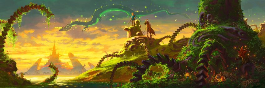 1boy animal blonde_hair cloud cloudy_sky commentary devin_elle_kurtz dragon eastern_dragon english_commentary epona evening farosh full_body guardian_(zelda) highres holding holding_sword holding_weapon horse korok link looking_afar male_focus nintendo plant scenery shield shield_on_back sky sword the_legend_of_zelda the_legend_of_zelda:_breath_of_the_wild water weapon