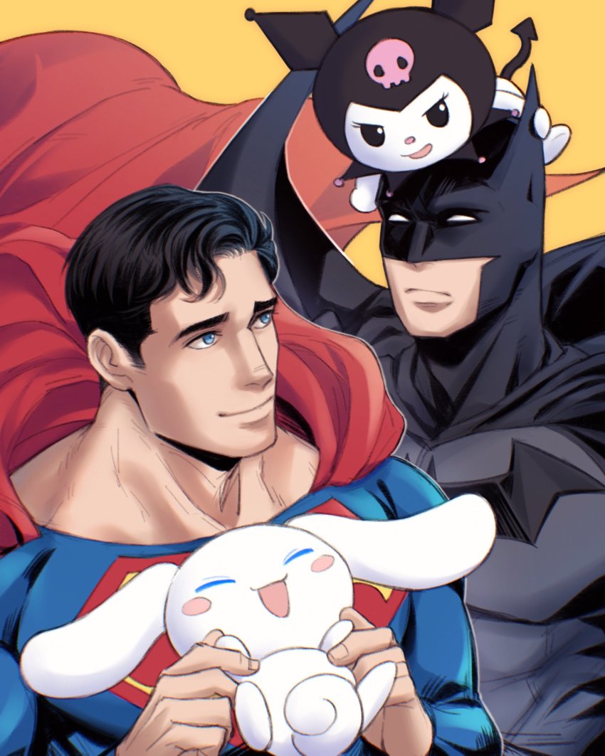 2boys batman batman_(series) black_cape black_hair blue_bodysuit blue_eyes bodysuit bruce_wayne cape clark_kent closed_mouth dc_comics fuwa_fuwa_cinnamoroll grey_bodysuit highres holding holding_stuffed_toy kuromi large_pectorals looking_at_another male_focus mask multiple_boys muscular muscular_male onegai_my_melody pectorals red_cape sanrio short_hair smile stuffed_toy superhero_costume superman superman_(series) xuanmai_alter