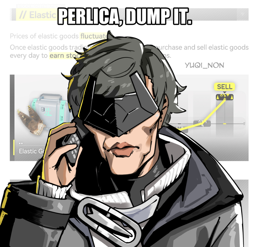 1boy animal_ears arknights arknights:_endfield bird_ears black_coat black_jacket calling coat endministrator_(arknights) eye_mask he_bought?_dump_it_(meme) highres holding holding_phone igor_bogdanoff jacket male_endministrator_(arknights) mask meme open_clothes open_coat phone ribbed_sweater screencap short_hair solo sweater thick_lips yuqi_non