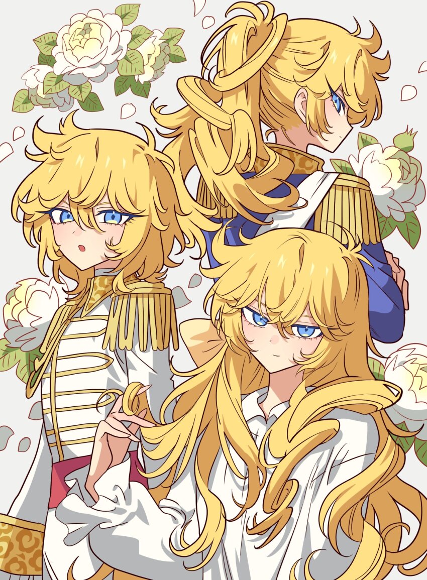 1girl blonde_hair blue_eyes blue_jacket closed_mouth floating_hair flower grey_background hair_between_eyes highres jacket long_hair long_sleeves looking_at_viewer meremero open_mouth oscar_francois_de_jarjayes ponytail profile shirt solo versailles_no_bara very_long_hair white_flower white_jacket white_shirt