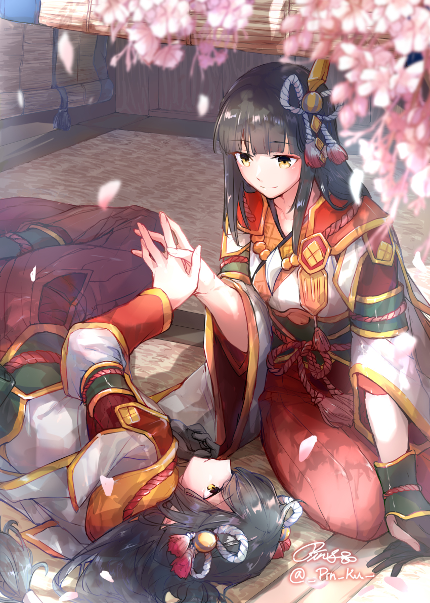 2girls absurdres black_hair cherry_blossoms commission fewer_digits hair_ornament highres hime_cut hinoa japanese_clothes minoto monster_hunter_(series) monster_hunter_rise multiple_girls pin.s pointy_ears siblings sisters twins