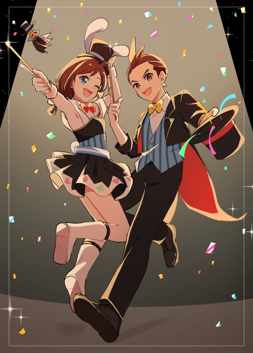 1boy 1girl ace_attorney animal_ears antenna_hair apollo_justice apollo_justice:_ace_attorney black_coat black_dress black_hat black_pants blue_corset blue_eyes blue_vest boots bow bowtie brown_eyes brown_footwear brown_hair coat collared_shirt commentary_request confetti corset dress earrings fake_animal_ears full_body hat highres holding holding_unworn_clothes holding_unworn_hat holding_wand jewelry maka_gtsb medium_hair one_eye_closed pants rabbit_ears red_bow red_bowtie shirt short_dress short_hair single_earring sparkle spotlight striped_clothes striped_vest tailcoat trucy_wright unworn_hat unworn_headwear vertical-striped_clothes vertical-striped_vest vest wand white_footwear white_shirt wrist_cuffs yellow_bow yellow_bowtie