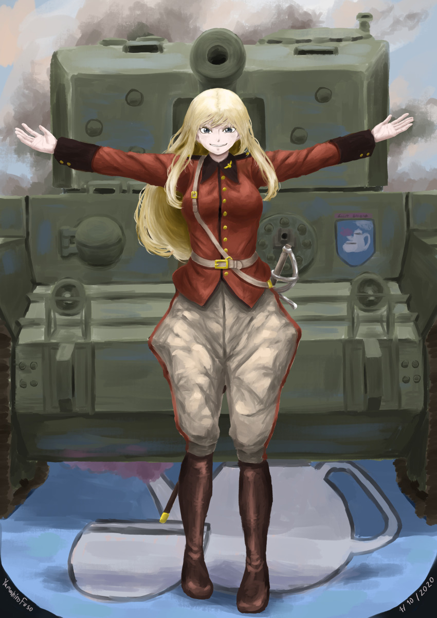 1girl absurdres adapted_costume belt blonde_hair brown_belt brown_footwear cavalry_sword cromwell_(tank) earl_grey_(girls_und_panzer) emblem floating_hair girls_und_panzer girls_und_panzer_saga_of_pravda highres jacket long_hair military_vehicle motor_vehicle outstretched_arms pants red_jacket scabbard sheath spread_arms st._gloriana&#039;s_(emblem) st._gloriana&#039;s_military_uniform standing tank user_wtan7232 white_pants